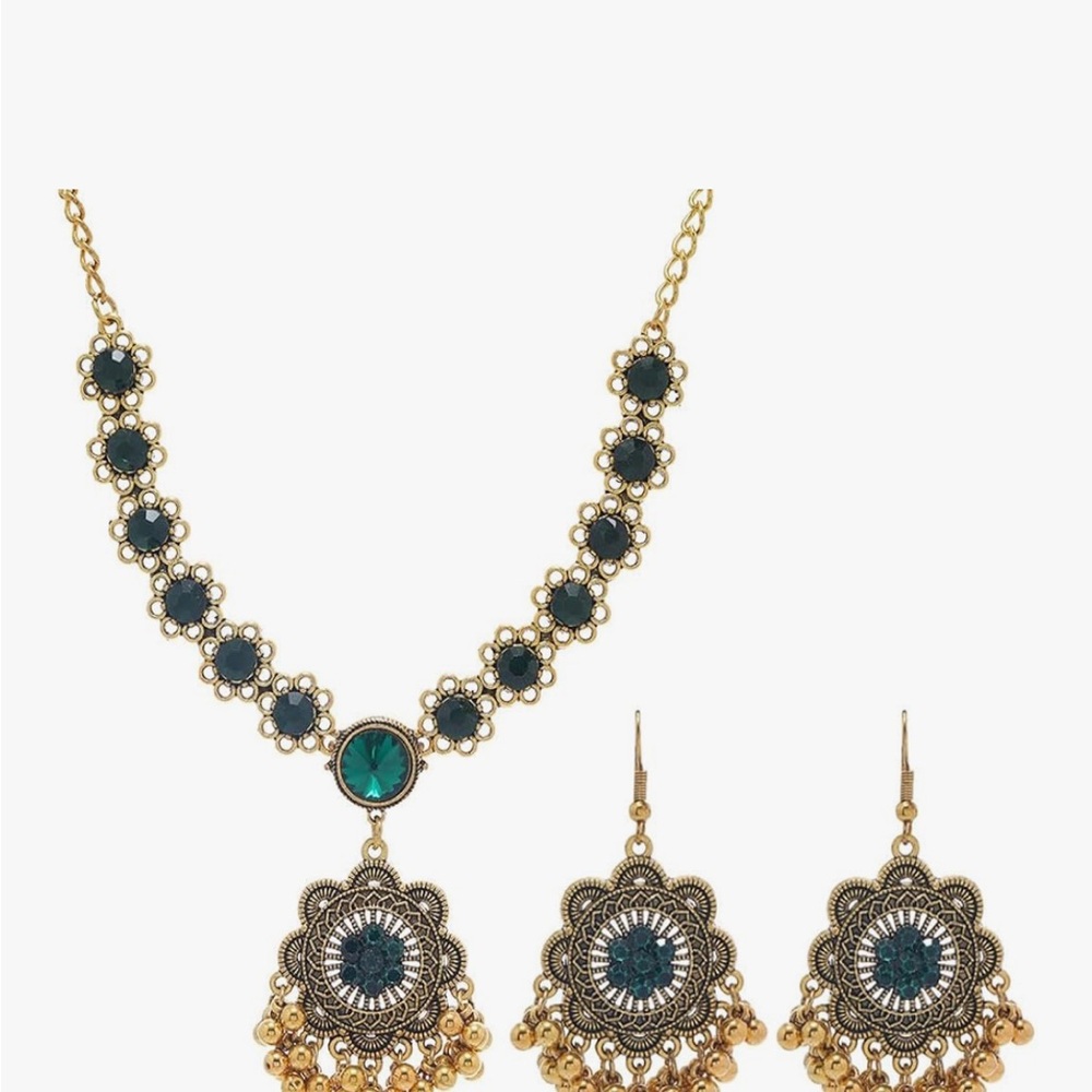 Gold-Tone Green Crystal Floral Necklace & Earrings Set